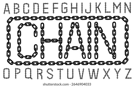 Grunge Chain Capital Letters Vector Set. A to Z Alphabet chain with border.