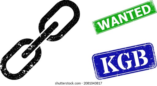 Grunge chain icon and rectangular rubber Wanted seal stamp. Vector green Wanted and blue KGB watermarks with retro rubber texture, designed for chain illustration.