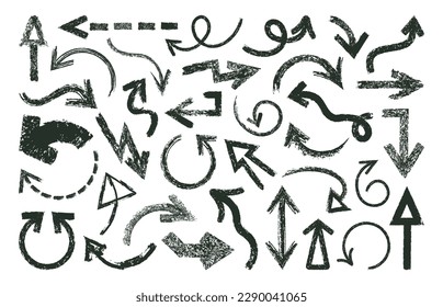 Grunge chalk arrows. Messy texture chalk pointers, hand drawn abstract shapes. Charcoal arrows flat vector illustration collection