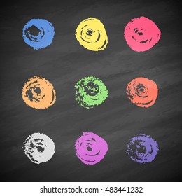 Grunge chalk circles on blackboard. Vector set design elements on black background