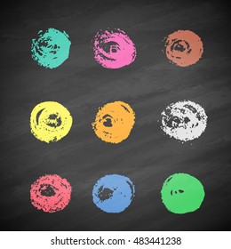 Grunge chalk circles on blackboard. Vector set design elements on black background