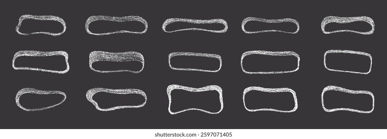 Grunge chalk, crayon texture abstract shape frames set. Vector stock illustration isolated on black background for design template text business presentation, highlight advertising, special offer. EPS