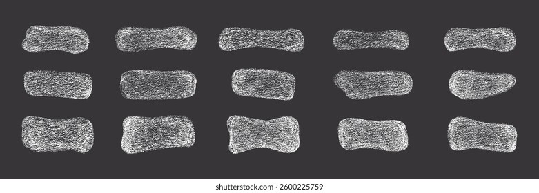 Grunge chalk, crayon texture abstract shape frames set. Vector stock illustration isolated on black background for design template text business presentation, highlight advertising, special offer. EPS