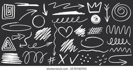 Grunge chalk hand drawn elements set. Simple pencil doodle on chalkboard school board. Arrow, spiral, line, highlighter, circle and other scribbled symbols for notes. Crayon style. Vector graphics