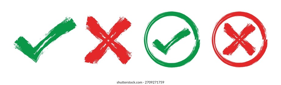Marca de tiza Grunge con círculo. Marca de verificación de trazo de pincel verde, marca, símbolos cruzados, marca verde y cruz roja. Lista de verificación dibujada a mano, bandera, Iniciar sesión cuadrados y estilo de marcador.