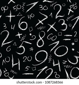 Grunge Chalk Numbers. Hand Written textured Seamless Pattern. Doodle vector design. Digital set. Black and white isolated texture. Tribal aztec style abstract background. Modern design for wallpapers,