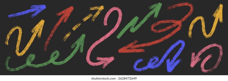 Grunge chalk textured bold arrows set. Pointer paint brush symbol. Pencil charcoal freehand direction. Scribble curve, round, zigzag sketch arrow. Doodle hand drawn isolated vector illustration