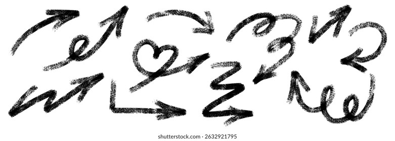 Grunge chalk textured bold arrows set. Pointer brush stroke symbol. Pencil charcoal freehand direction. Scribble curve, round, zigzag sketch arrow. Doodle hand drawn isolated vector illustration