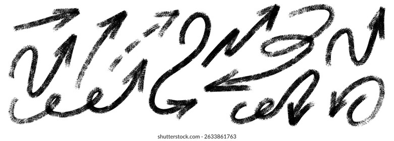 Conjunto de flechas atrevidas texturizadas de tiza grunge. Símbolo de trazo de pincel del puntero. Lápiz de carbón a mano alzada. Curva de garabato, redonda, flecha de boceto en zigzag. Doodle dibujado a mano Ilustración vectorial aislada