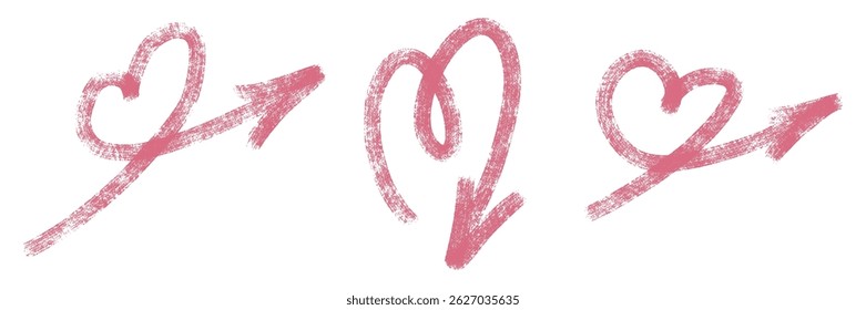 Grunge chalk textured bold love arrows set. Pointer paint brush symbol. Pencil charcoal freehand direction. Scribble curve heart sketch arrow. Doodle kids style hand drawn isolated vector illustration