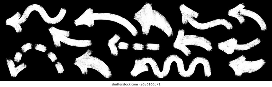 Grunge chalk textured bold thick arrows set. Paint brush stroke pointer. Pencil charcoal freehand direction. Scribble left curve, dotted sketch symbols. Doodle hand drawn isolated vector illustration