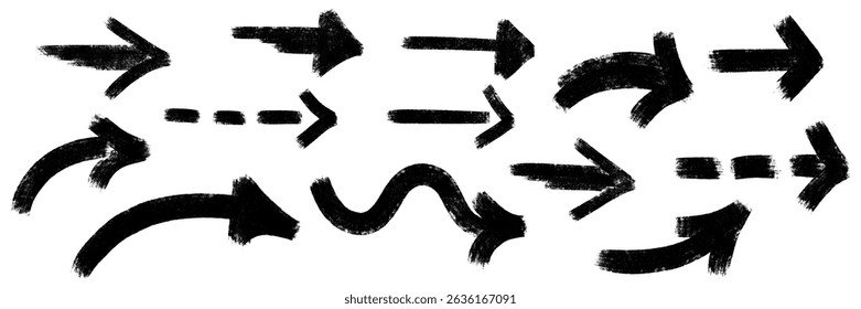 Grunge Kreide strukturiert fett dicken Pfeilen gesetzt. Pinselstrichzeiger malen. Bleistift Holzkohle freehand Richtung. Skizzierkurve, gewellt, gepunktete Skizzensymbole. Doodle, handgezeichnet, einzelne Vektorgrafik