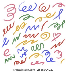 Grunge chalk textured bold wavy lines set. Brush stroke squiggly symbols. Pencil charcoal freehand swirl underline. Scribble curve loop sketch. Doodle hand drawn swish isolated vector illustration