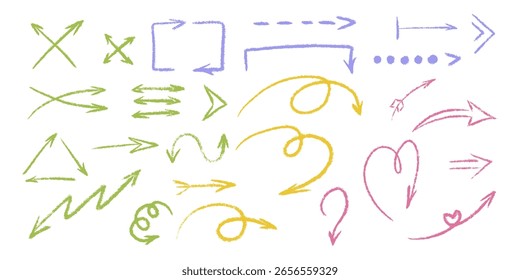Grunge chalk textured thin arrows set. Pointer brush stroke symbol. Pencil charcoal freehand direction. Scribble curve, wavy, round, heart sketch arrow. Doodle hand drawn isolated vector illustration.