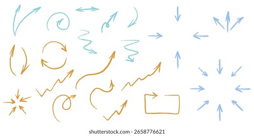 Grunge chalk textured thin arrows set. Pointer brush stroke school symbol. Pencil charcoal freehand direction. Scribble curve, wavy, round sketch arrow. Doodle hand drawn isolated vector illustration.