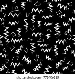 Grunge chalk vector seamless pattern. Black and white geometric background. Abstract doodle triangles, shapes, figures, zigzag, lines. Tribal ethnic ornament. Isolated texture. Modern design for print