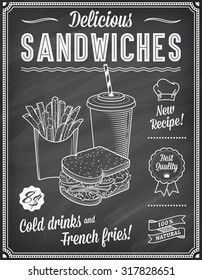 A Grunge Chalkboard Fast Food Menu Template, With Elegant Text Ideas And High Quality Fast Food Illustrations For A Sandwich, Cold Drink And French Fries.