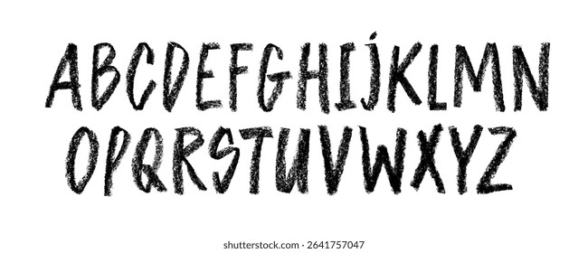 Grunge charcoal English alphabet. Crayon drawn doodle kids font with freehand pencil texture. Vector doodle funky playful alphabet for educational banners, school and kindergarten design.