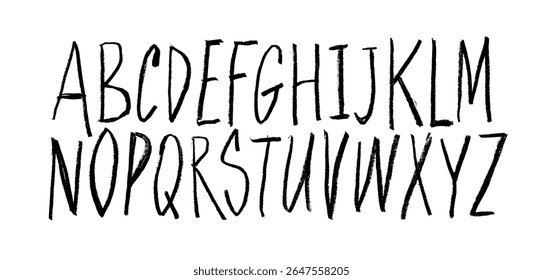Grunge charcoal English alphabet. Crayon drawn doodle kids font with freehand pencil texture. Vector doodle funky playful alphabet for educational banners, school and kindergarten design.