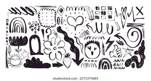 Grunge Charcoal and Pencil Girly Scribbles. Hand drawn design doodle shapes. Creative playful banner with graffiti abstract elements