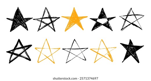 Grunge Charcoal and Pencil Pentagram Collection. Hand drawn design witchcraft star shapes. Creative sigil signs for rituals and Halloween