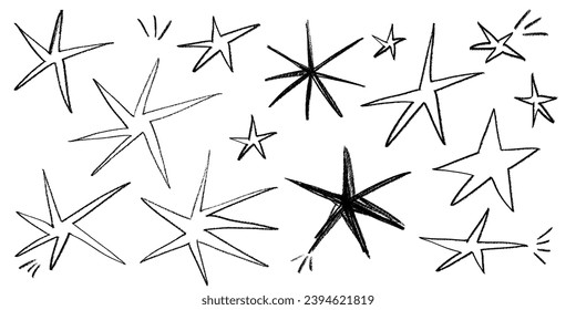Grunge charcoal scrawl hand drawn stars, rough doodle shapes. Freehand crayon pencil starry elements. Vector illustration, scribble icon for poster, collage, banner.