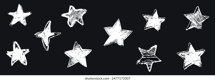 Grunge charcoal scrawl hand drawn stars, rough doodle shapes. Freehand crayon pencil starry elements. Vector illustration, scribble icon for poster, collage, banner, sticker, card, add. 