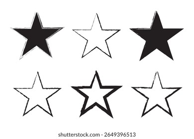 Grunge charcoal scrawl mão desenhou estrelas, formas de rabiscar ásperas. Freehand lápis lápis lápis estrelado elementos. ícone de rabisco para cartaz, colagem, banner. Ilustração de arquivo vetorial.
