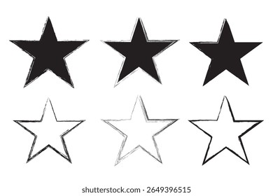 Grunge charcoal scrawl mão desenhou estrelas, formas de rabiscar ásperas. Freehand lápis lápis lápis estrelado elementos. ícone de rabisco para cartaz, colagem, banner. Ilustração de arquivo vetorial.