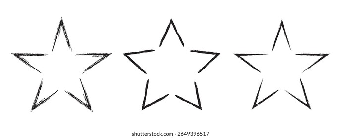 Grunge charcoal scrawl mão desenhou estrelas, formas de rabiscar ásperas. Freehand lápis lápis lápis estrelado elementos. ícone de rabisco para cartaz, colagem, banner. Ilustração de arquivo vetorial.