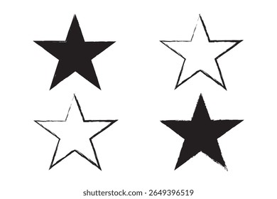 Grunge charcoal scrawl mão desenhou estrelas, formas de rabiscar ásperas. Freehand lápis lápis lápis estrelado elementos. ícone de rabisco para cartaz, colagem, banner. Ilustração de arquivo vetorial.