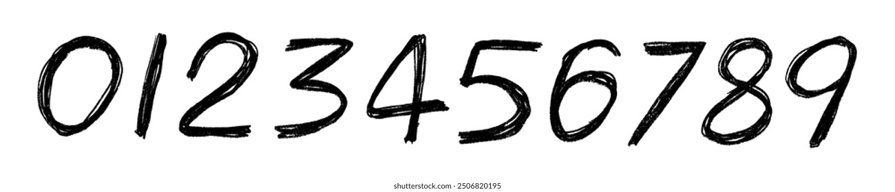 Grunge charcoal scribble freehand numbers from 0 to 9. Typographic hand drawn rouge digits, in chalk or marker texture and punk scratches. Vector illustration of hand painted scrawl numbers