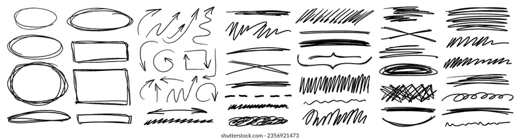 Grunge charcoal scribble stripes, emphasis arrows, hand-drawn doodle bold shapes, paint brushstrokes, ink rough blobs. Chalk or marker doodle rouge freehand scratches. Vector illustration