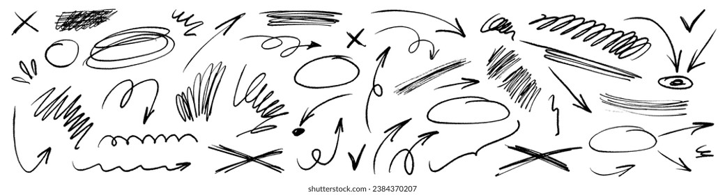 Grunge charcoal scribble stripes, emphasis arrows, hand-drawn doodle bold shapes, paint brushstrokes, ink rough blobs. Chalk or marker doodle rouge freehand scratches. Vector illustration