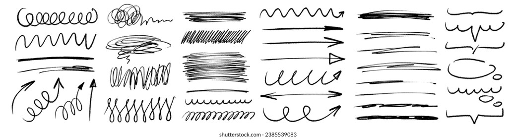 Grunge charcoal scribble stripes, emphasis arrows, hand-drawn doodle bold shapes, paint brushstrokes, ink rough blobs. Chalk or marker doodle rouge freehand scratches. Vector illustration