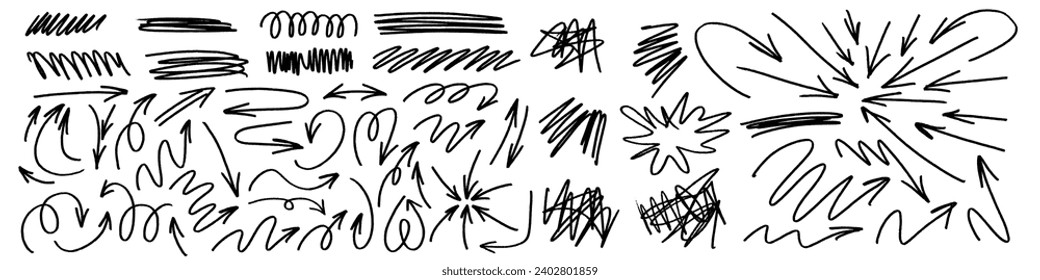 Grunge charcoal scribble stripes, emphasis arrows, hand-drawn doodle bold shapes, paint brushstrokes, ink rough blobs. Chalk or marker doodle rouge freehand scratches. Vector illustration
