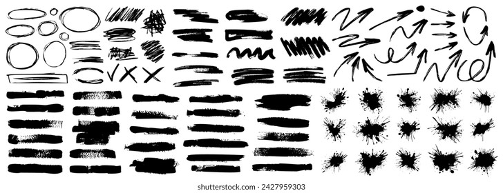 Grunge charcoal scribble stripes, emphasis arrows, handdrawn doodle bold shapes, paint brushstrokes, ink rough splash blobs. Chalk or marker doodles, urban freehand scratches. Vector Illustration