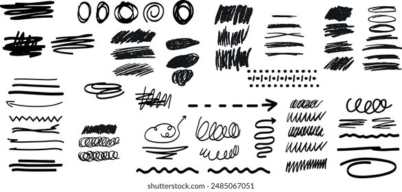 Grunge charcoal scribble stripes, emphasis arrows, handdrawn doodle bold shapes. 