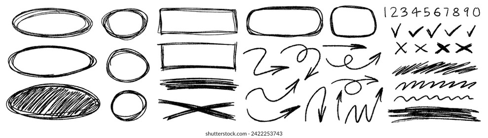 Grunge charcoal scribble stripes, freehand numbers, emphasis arrows, hand-drawn doodle squiggles, Chalk or marker doodle rouge scratches. Vector illustration of hand painted scrawl frames