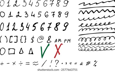 Grunge charcoal scribble stripes, freehand numbers, emphasis signs, hand-drawn doodle squiggles Pen ink doodle rouge scratches Vector illustration hand painted scrawl Number math Mathematical symbols