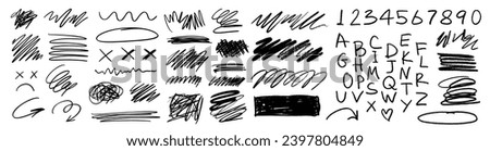 Grunge charcoal scribble stripes, freehand numbers, emphasis arrows, hand-drawn doodle squiggles, Chalk or marker doodle rouge scratches. Vector illustration of hand painted scrawl frames