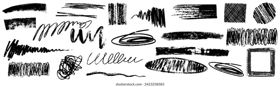 Grunge charcoal scribble stripes,handdrawn doodle bold shapes, paint brushstrokes, ink rough splash blobs. Chalk or marker doodles, urban freehand scratches. Vector Illustration