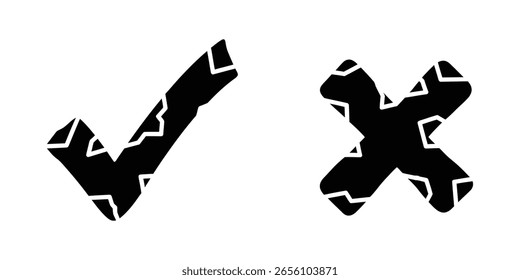 Grunge check and cross mark vector icon set with cracked rock texture for decision making symbol approval rejection confirmation element design