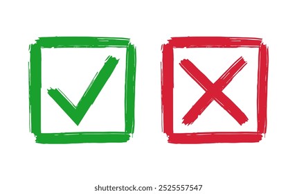 Grunge check mark and cross symbols. Hand drawn dry brush strokes checklist icons.