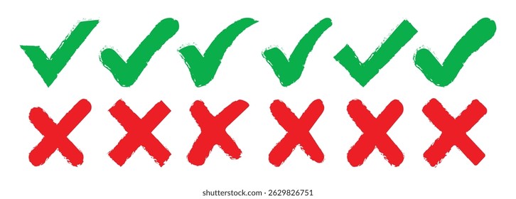 Grunge Check marks doodle set. Check mark and cross signs Vote, yes, no, checkbox, checklist, Green tick and red cross signs. A hand drawn grunge style vector illustration