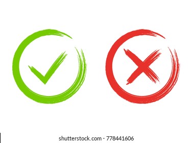 Grunge check marks. Green tick and red cross. YES or NO accept and decline symbol. Buttons for vote, election choice. Painted with brush. Check mark OK and X icons. Vector illustration