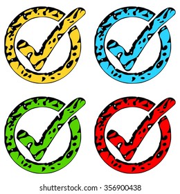 Grunge check marks or tick icons in four colored variations on white background