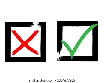 Grunge check and rejected mark. Vector red and green symbol in the squares. Yes and no .