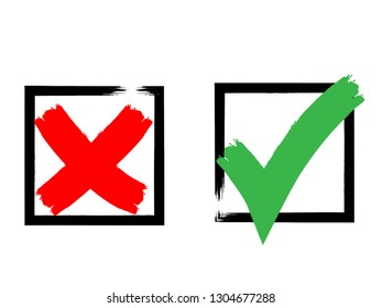 Grunge check and rejected mark. Vector red and green symbol in the squares. Yes and no .