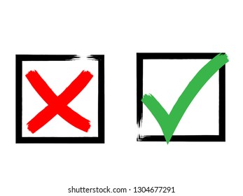 Grunge check and rejected mark. Vector red and green symbol in the squares. Yes and no .